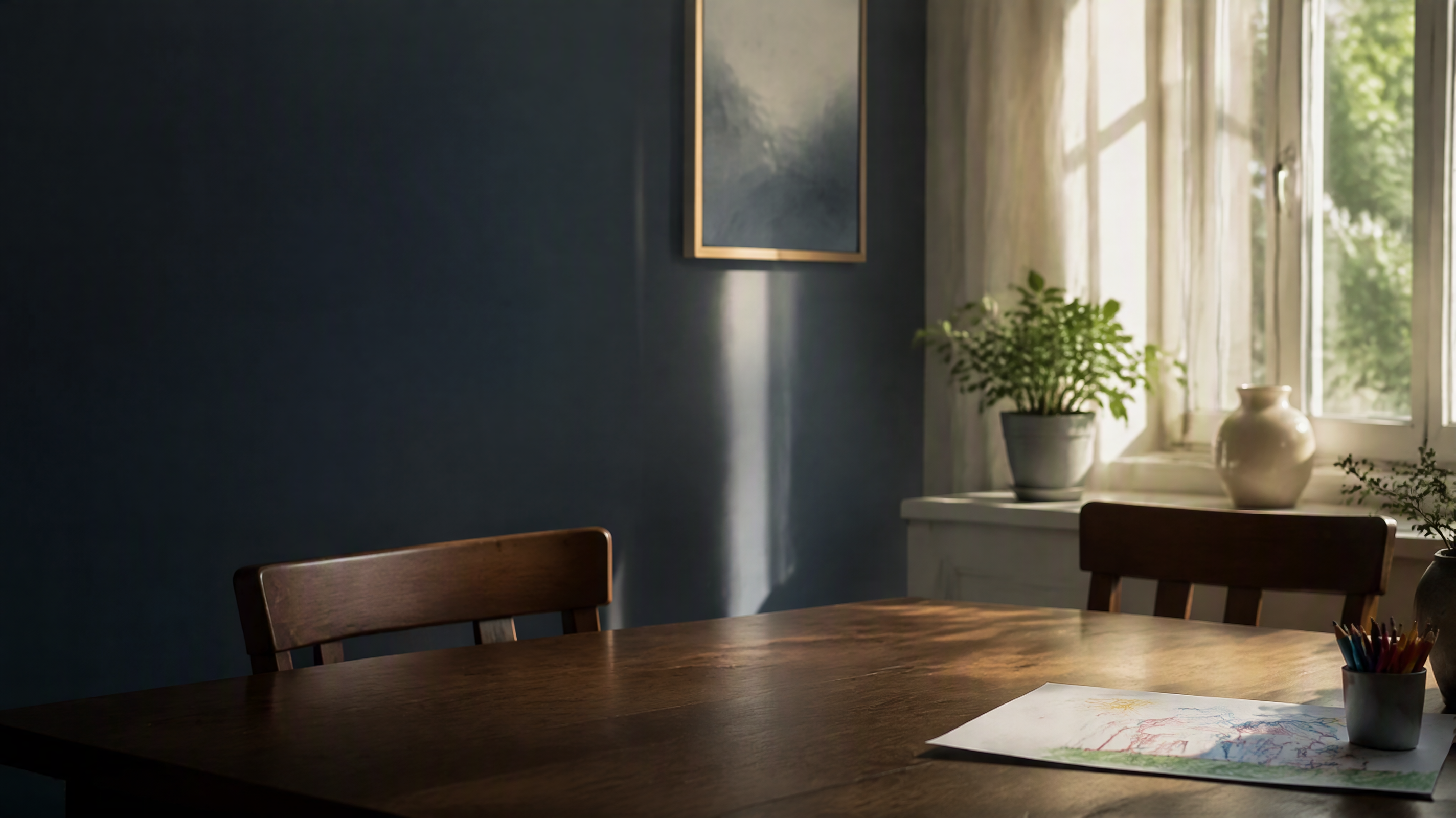 A calm, sunlit family dining space with a child's drawing on the table