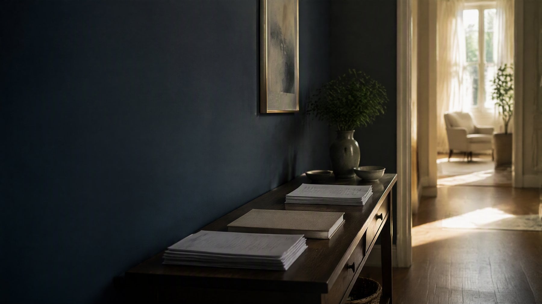 A refined, softly lit home interior opening toward warm morning light