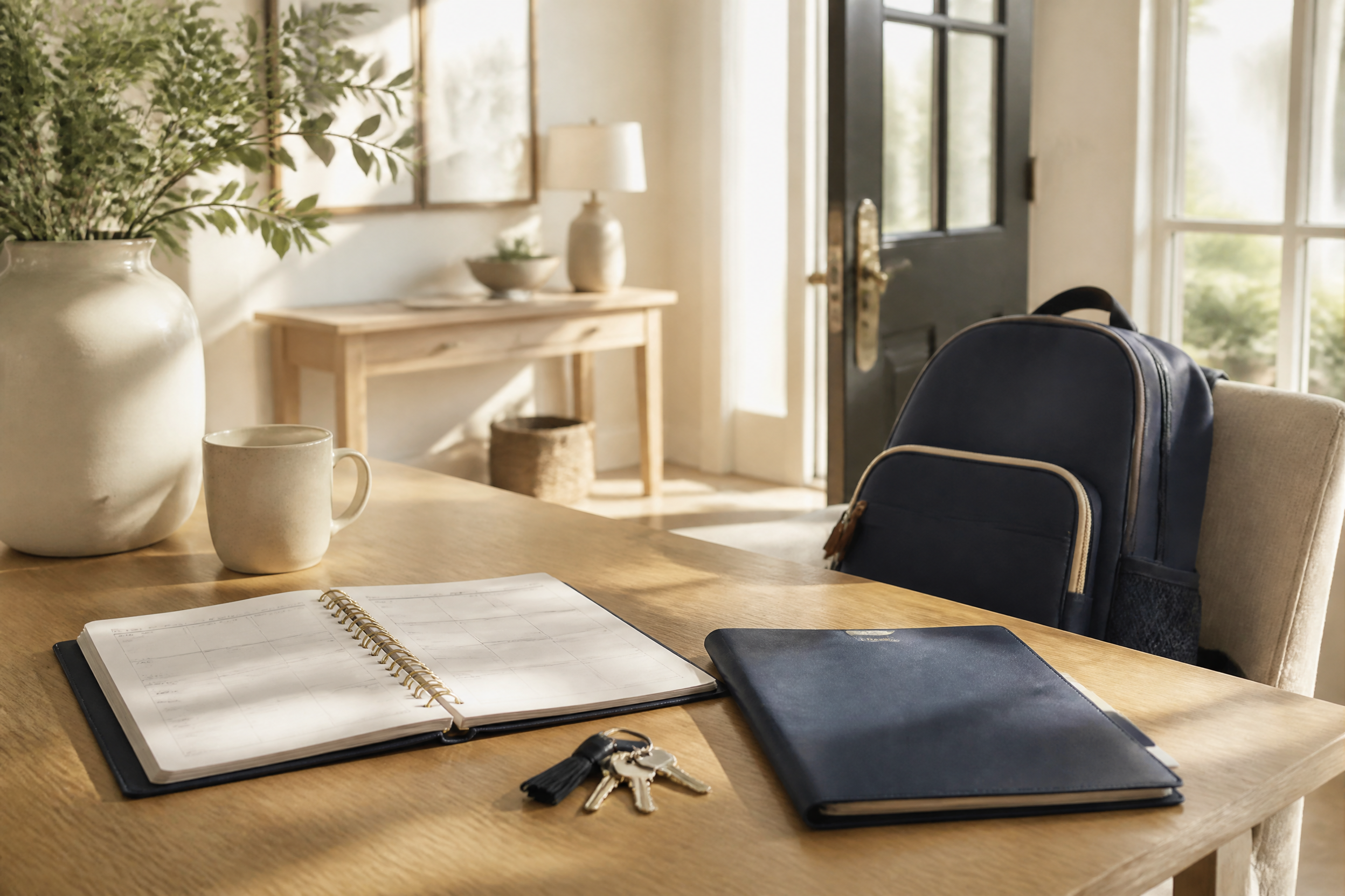 A sunlit family table with a planner, keys, folder, and child's backpack